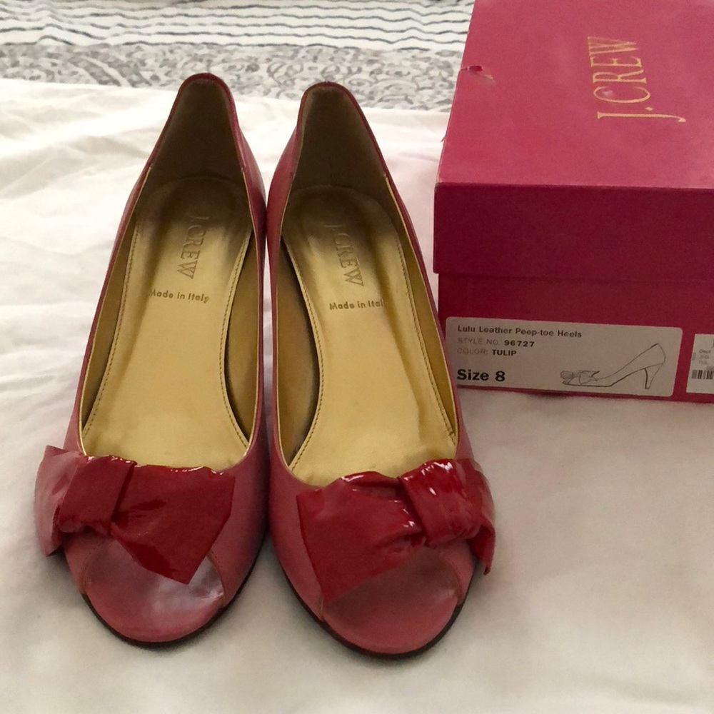 J. Crew Red Patent Leather Bow Peep-Toe Heels